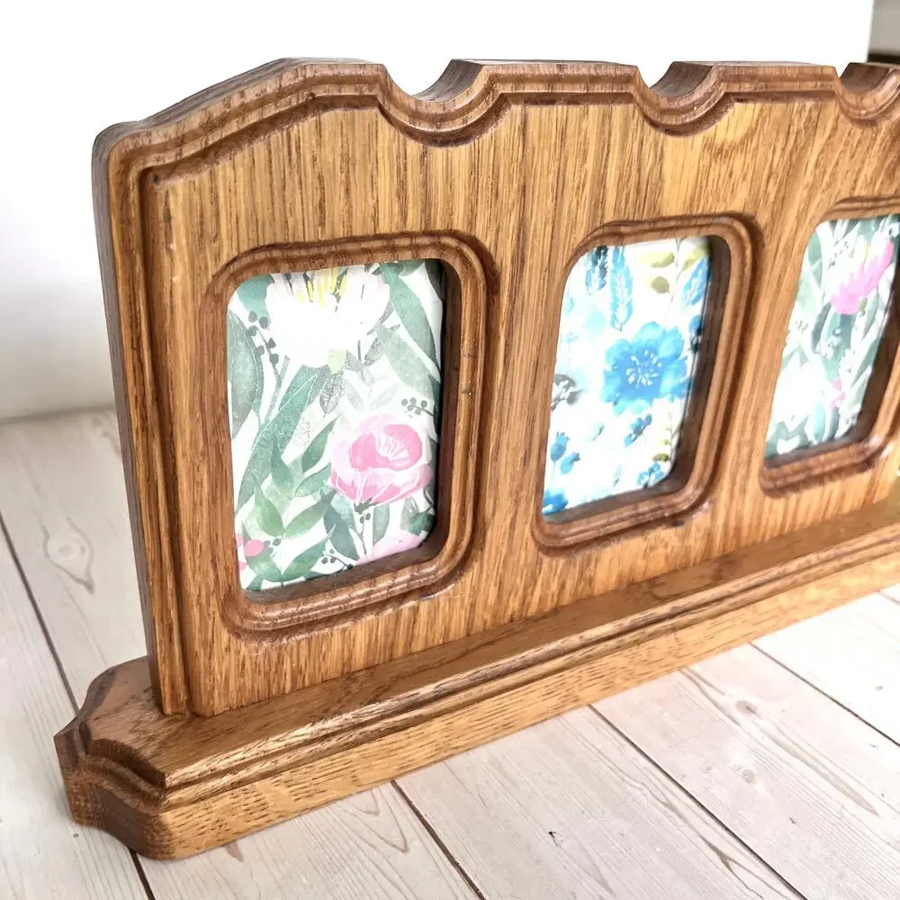 Vintage Triple-Opening Carved Oak Wood Desk Tabletop Photo Frame 2.25x3